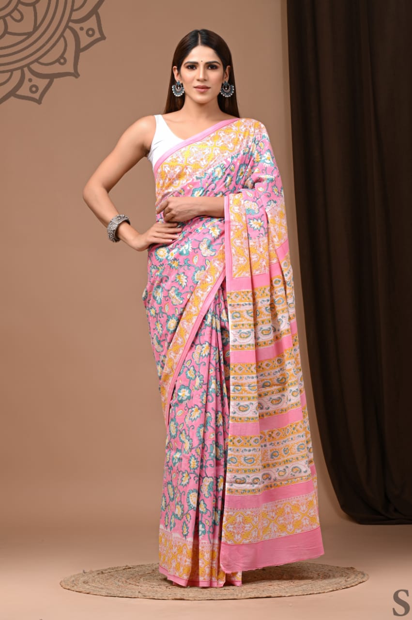 Mul Cotton Pink and Yellow Saree