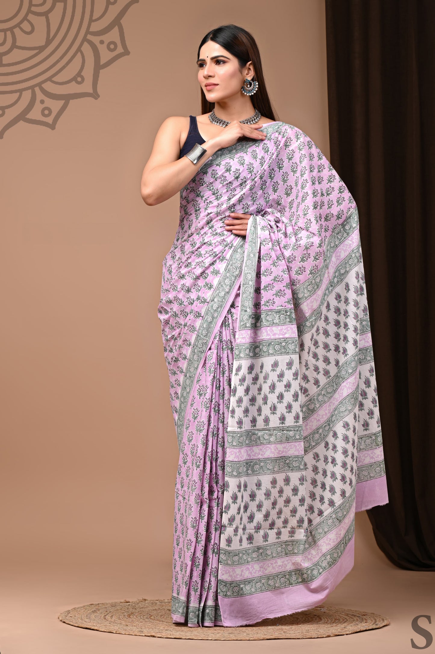 Mul Cotton Voilet and Olive Green Saree